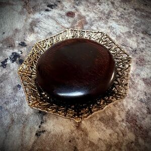 Vintage Large Domed Wood and Gold Toned Brooch